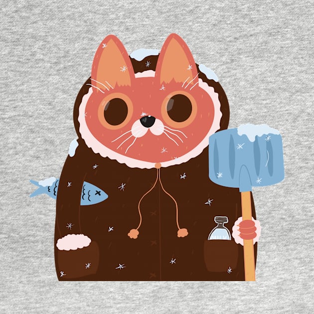 Red-haired Cat in a jacket with a shovel under the snow by Polikarp308